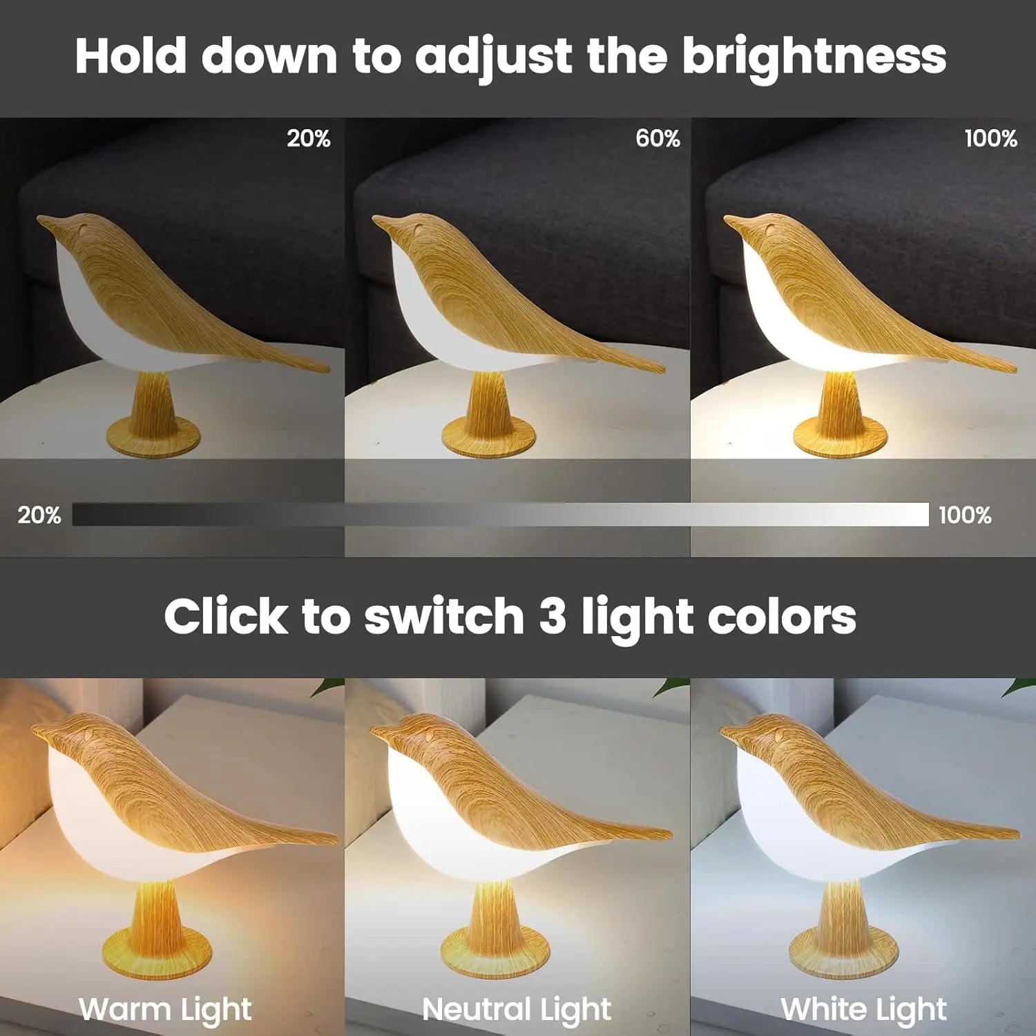 Touch small table lamp bird lamp 3-color dimming USB rechargeable cordless bedside night light children's bedroom living room