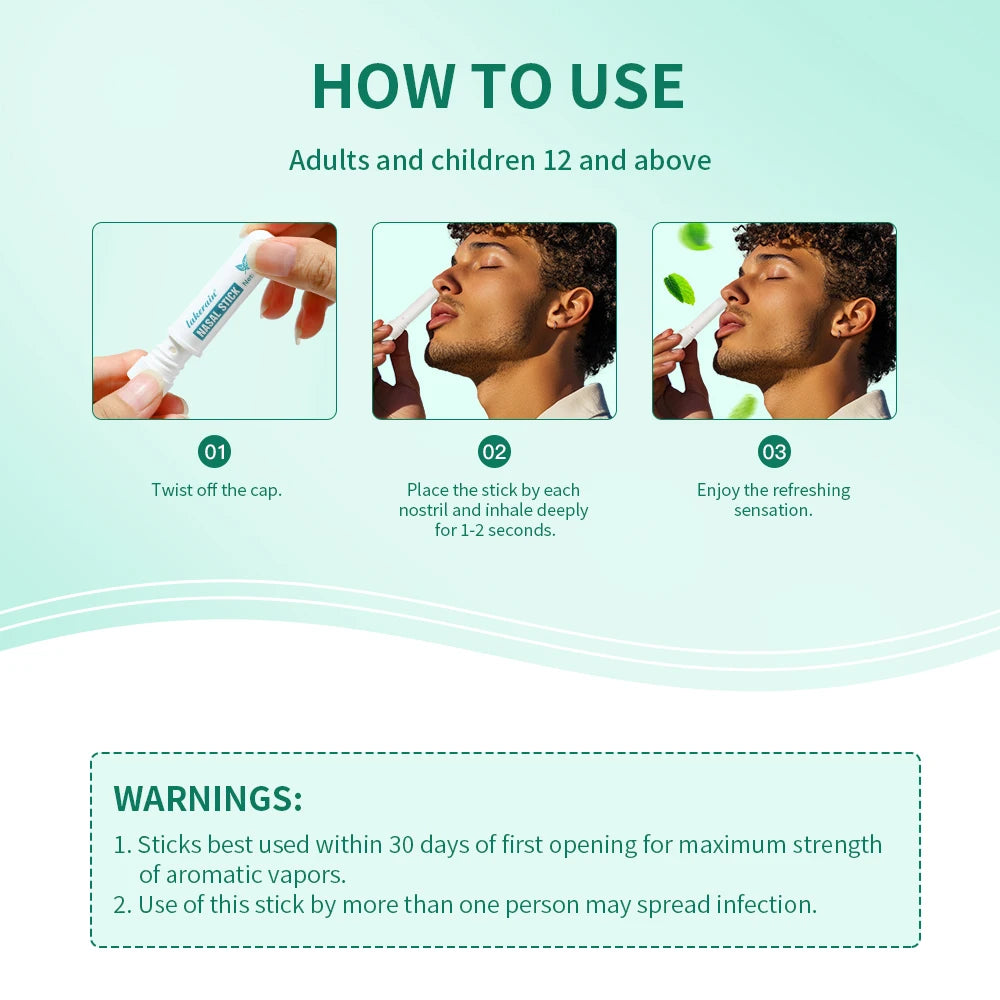 Nasal Stick Boosts Focus Inhaler Tubes Cooling Essential Oil Nasal Inhaler Aromatherapy Energy Bar Sinus&Congestion Relief Daily