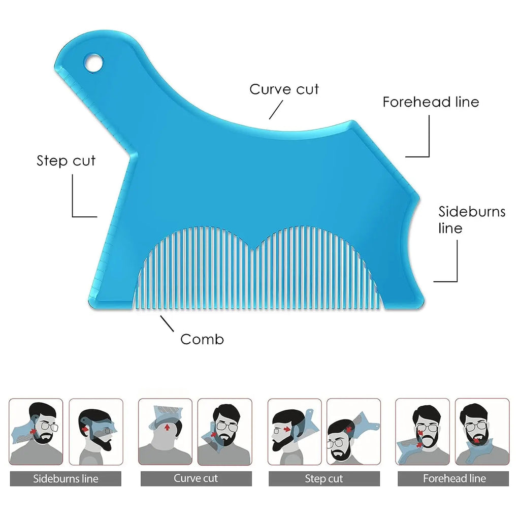 6pcs Beard Shaping Kit – 5 Size Beard Templates & 1 Multifunctional Styling Comb for Perfect Grooming (Blue & Transparent)