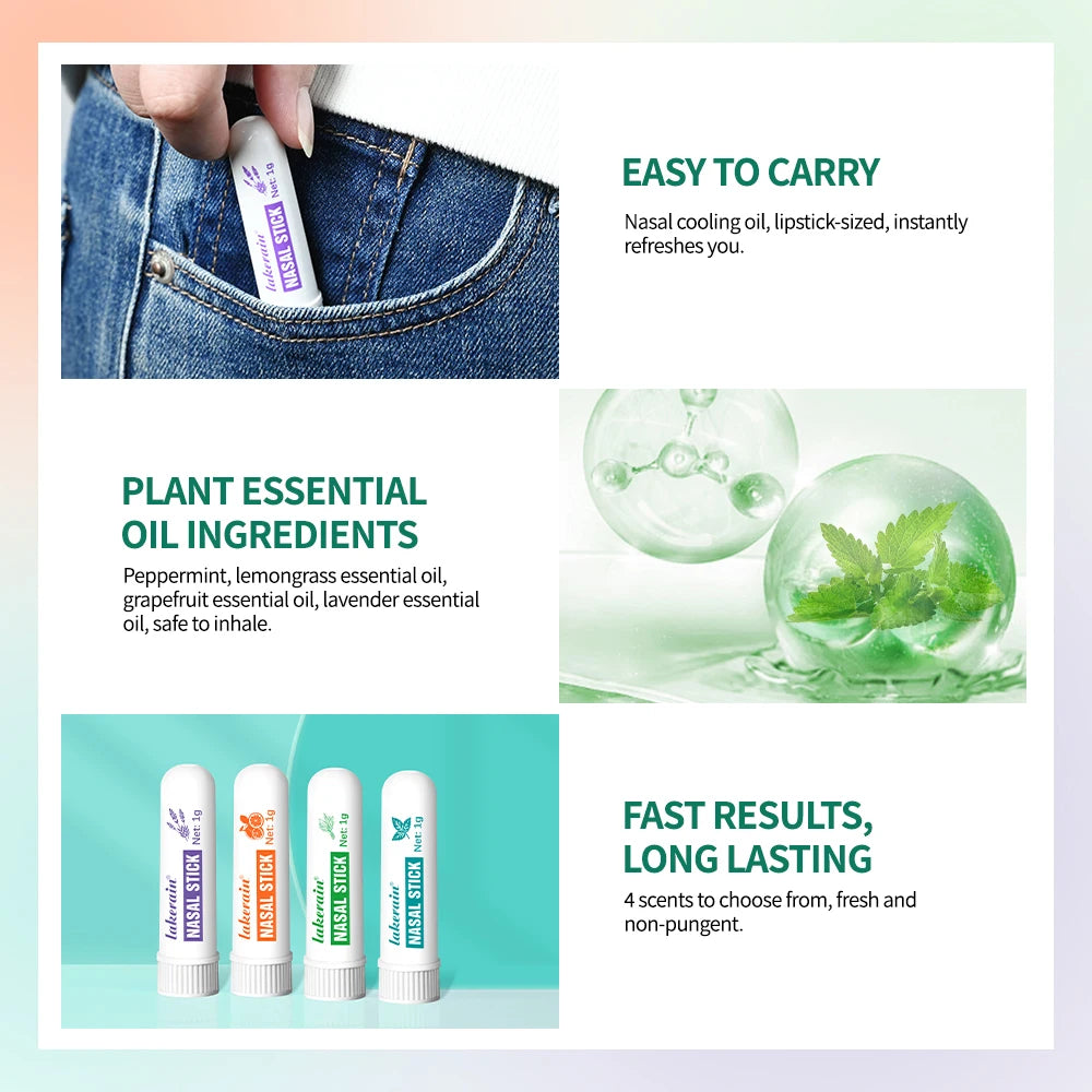 Nasal Stick Boosts Focus Inhaler Tubes Cooling Essential Oil Nasal Inhaler Aromatherapy Energy Bar Sinus&Congestion Relief Daily