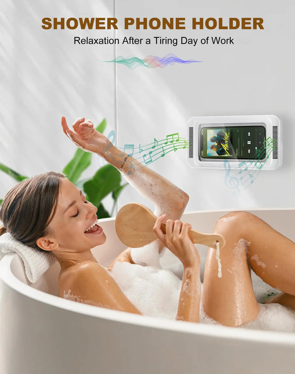 Shower Phone Holder with Speaker  480 Rotation, Wall Phone Mount for Shower Waterproof Anti Fog Shower Case for 4-7" Phones
