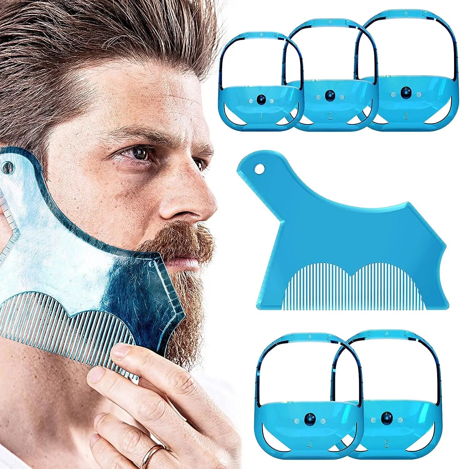 6pcs Beard Shaping Kit – 5 Size Beard Templates & 1 Multifunctional Styling Comb for Perfect Grooming (Blue & Transparent)